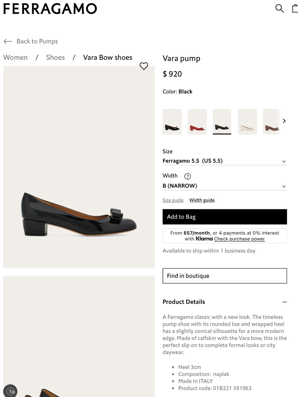 Salvatore Ferragamo Black Patent Vara Low Heel Pump Sz 5.5 B (Narrow) EUC